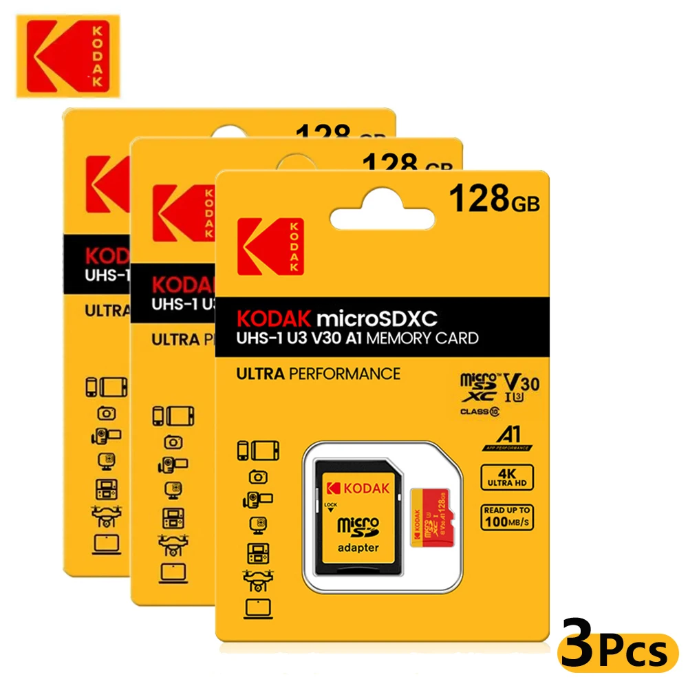 3Pcs Kodak Micro SD Card SDXC TF Memory Card 64G 32G 128G U3 High Speed Read up to 100MB/s with Adapter for Android Phone Switch