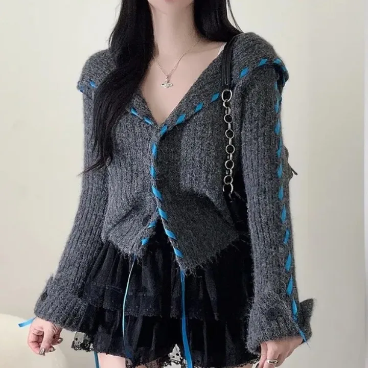 

Retro Knitted Sweater ort Coat Chic Autumn Winter Faion Anti-Aging Large Collar Lazy Sle Women's Cardigan Knitwear