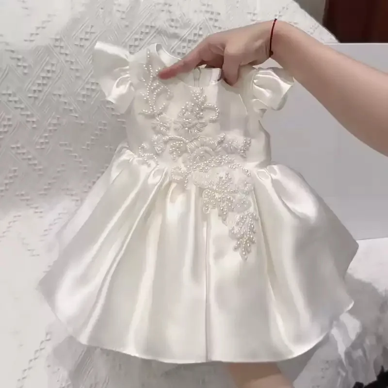 

2026 Kids Girls Birthday Princess Dress Satin Children Host Flower Girl Piano Performance Gown Pageant Formal Celebration Outfit