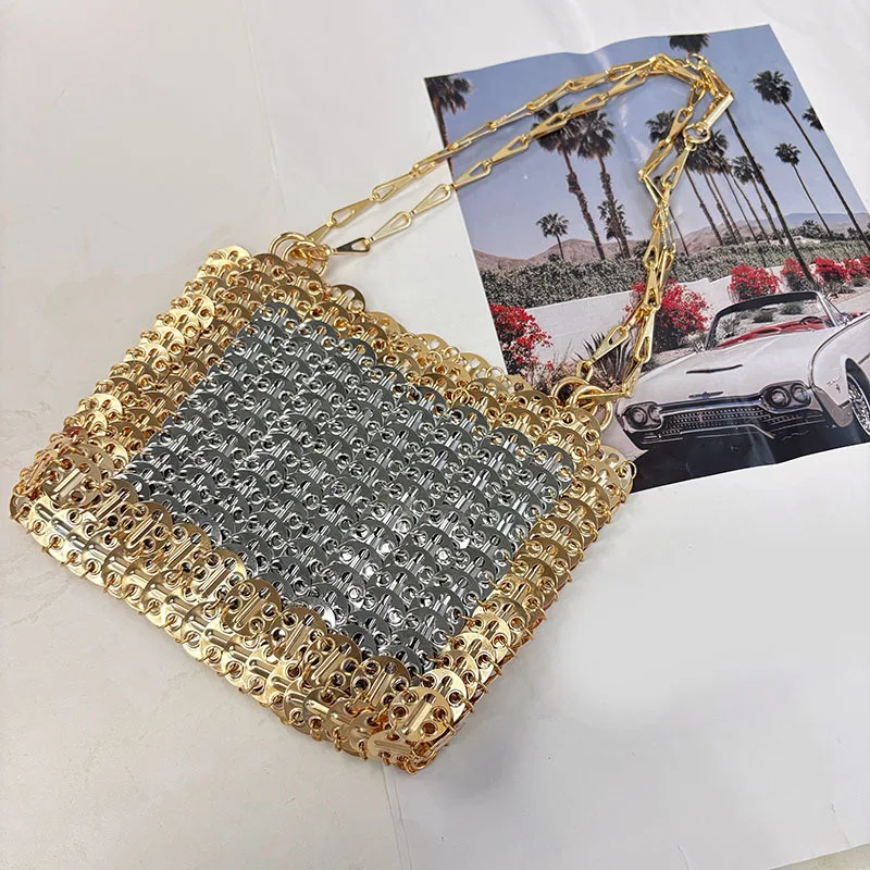 

Metallic Sequined Crossbody Bag Luxury Golden Shoulder Bag Handmade Sheet Woven Bags for Women Handbags Designer Evening Bags