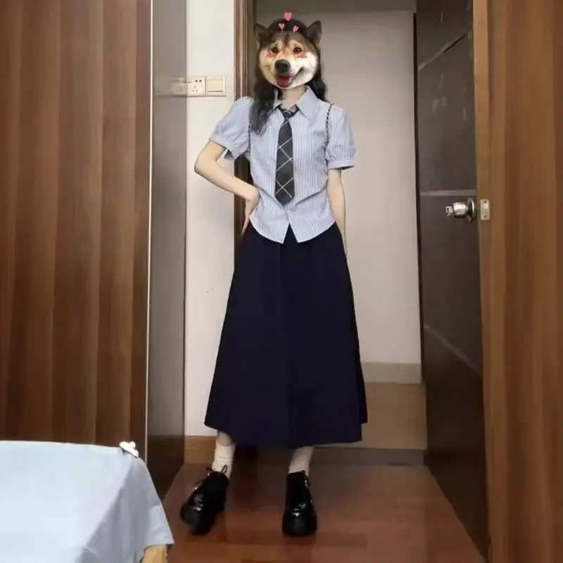 

Women's Spring 2026 High Waist Slim Fit Shirt And Skirt Set Striped Short Sleeve Collar Button up Fashion Outfit