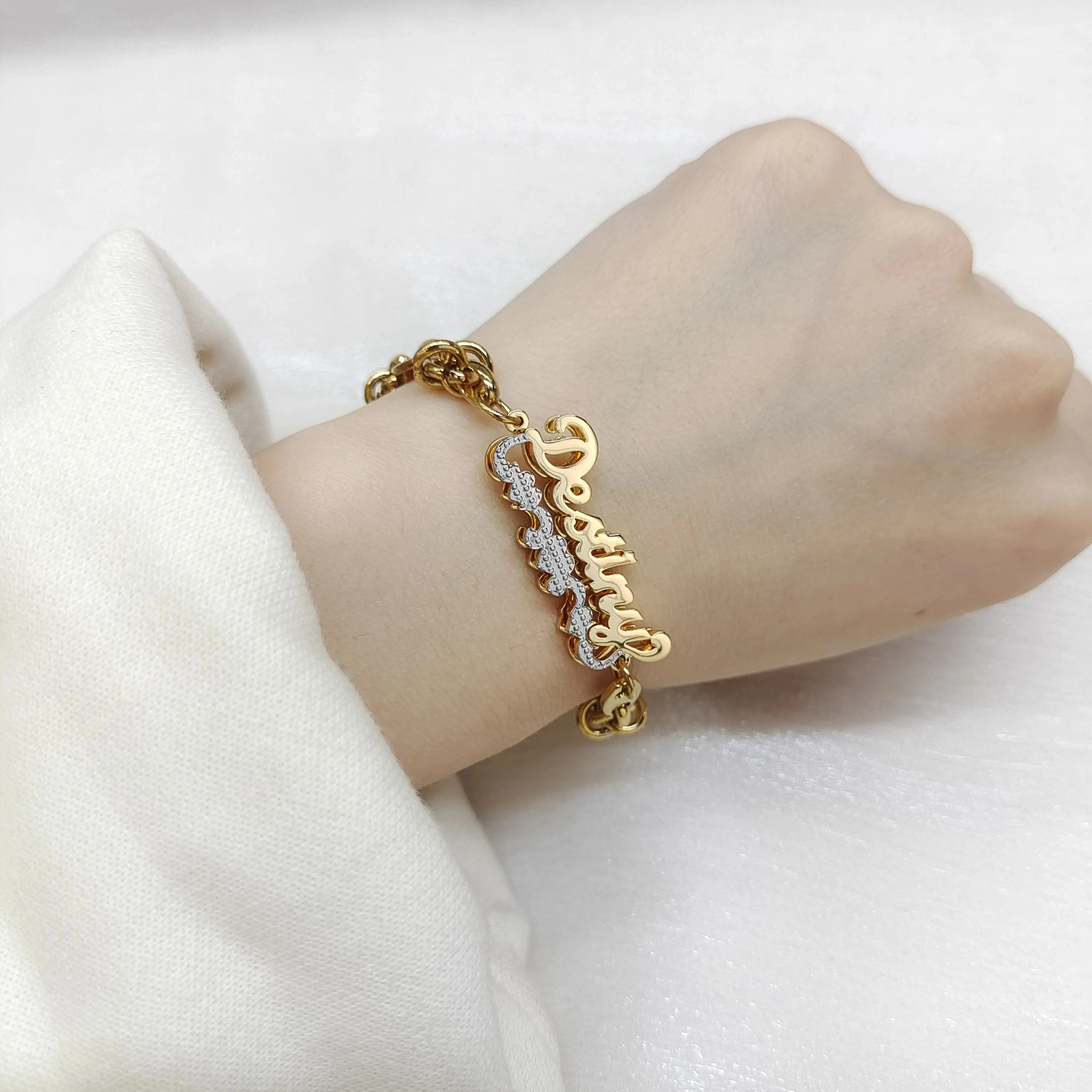 Customized Name Bangles Double Layer Two Tone Heart Nameplate Cuban Chain With Heart Stainless Steel Custom Name Bracelet Women