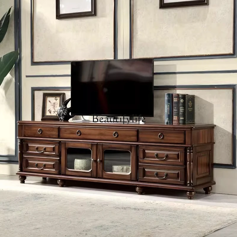 American all-solid wood TV cabinet walnut color living room European audio-visual cabinet retro storage