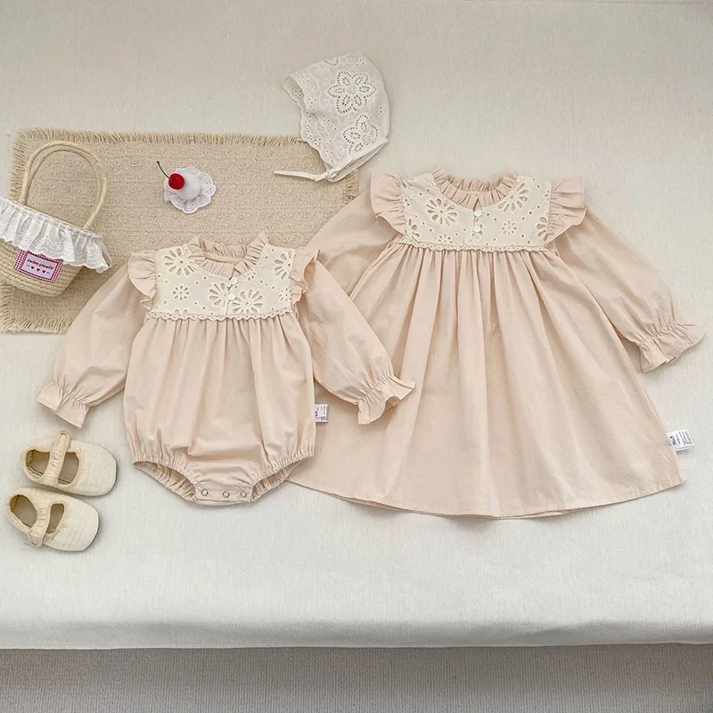 2026 New Spring Sister Dress Kids Princess Dresses Baby Girl Romper Long Sleeved Cotton Splicing 1-6Yrs Girl Party Dress