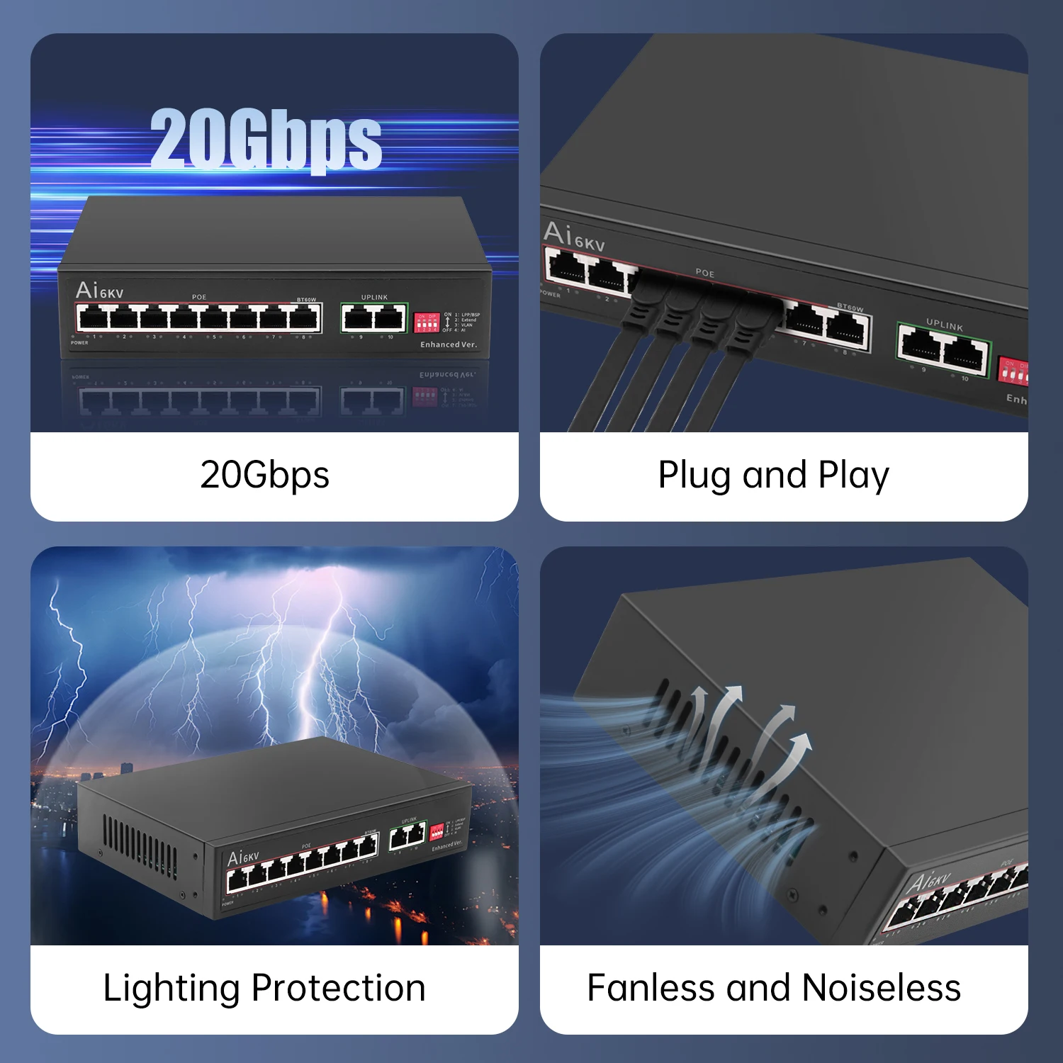 Switch Ethernet Gigabit FENVI 10 porte 1000M 8*1000M Porte PoE + 2*1000M Porte uplink IEEE 802.3AT/AF/BT per router Wifi