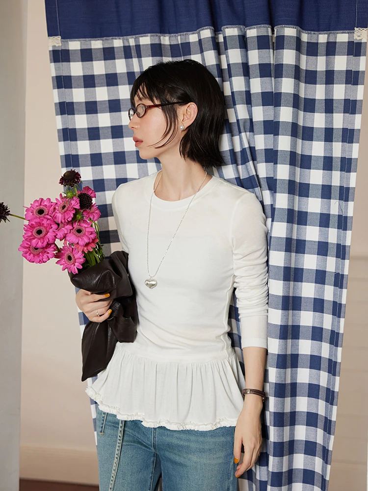 

Женская базовая футболка BORAN 2025: Новинка зимы, корейская версия, с круглым вырезом, из шерстяной смеси, комфортная, с длинным рукавом, для похудения