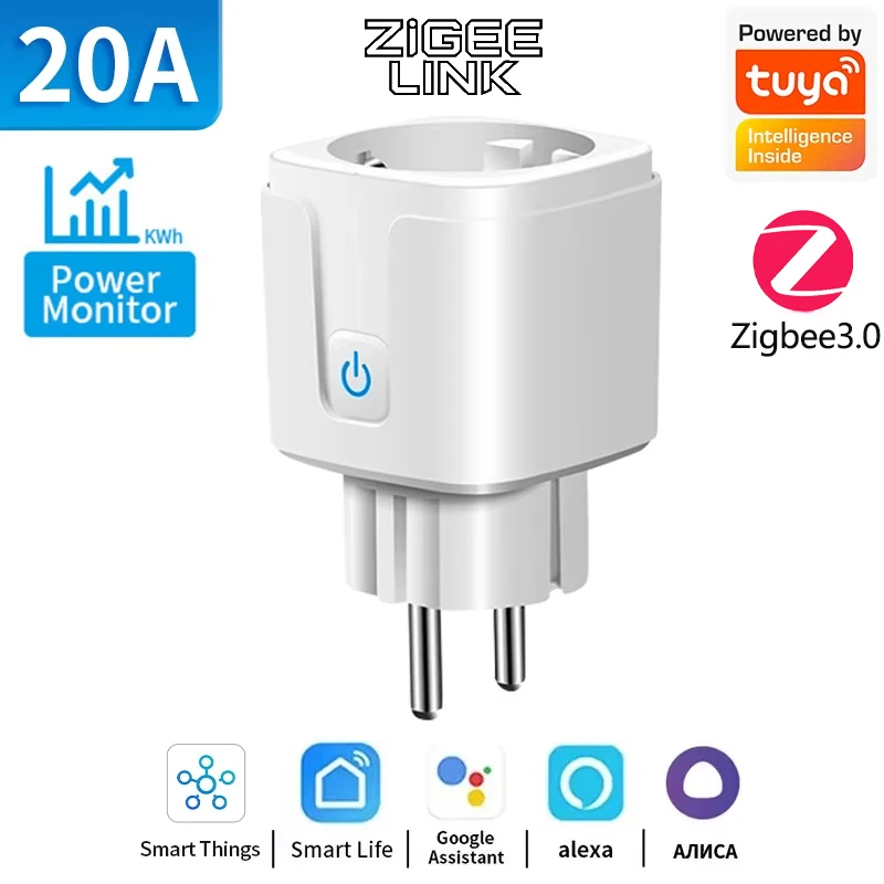 ZigBee EU-Stecker 16A/20A Smart Plug mit Energieüberwachung, Fernbedienung, Timer, Sprachsteuerung, Kompatibel mit Tuya, Alexa, Google Home