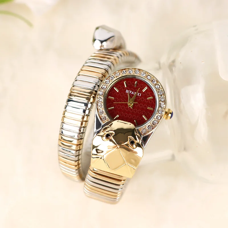 

Gold Hot Sell Fashion Snake Watch For Women Luxury Steel Quartz Watch Dress Iced Diamonds AAA Lady Wristwatch Relogio Feminino