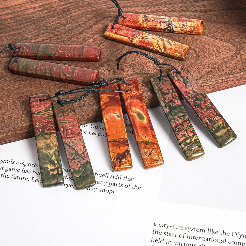 Wholesale Natural Long Strip Shaped Gemstone Pendant for Necklace Making Red &Black 2Pcs Red Creek Jasper