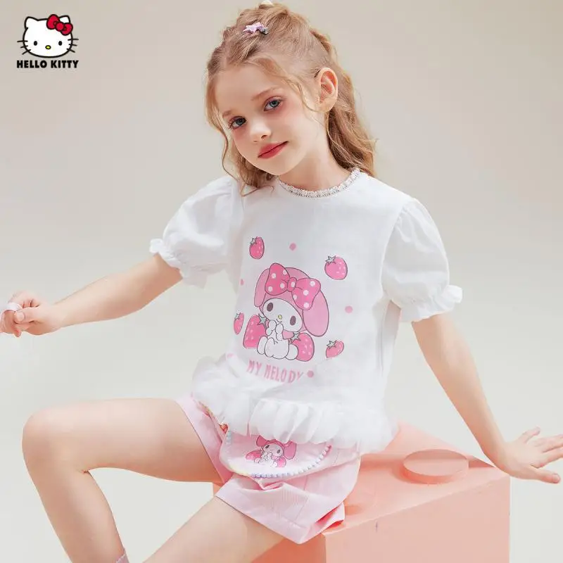 

Sanrio Girls Shorts 2Pcs Hello Kittys Girls New Style T-Shirt My Melody Children Cartoon Short Sleeve Summer Fashion Print Set