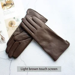 Color Sheepskin Leather Gloves Women's Straight Style Wool Lining Fall/Winter Warm Motorcycle Riding Car Driving Finger Gloves