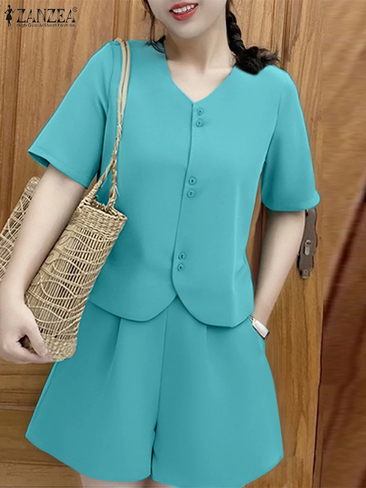 

Fashion 2PCS Outfits Women Summer Short Sets ZANZAEA Elegant V-Neck Short Sleeve Shirt Shorts Suits Casual Solid Work Tracksuits