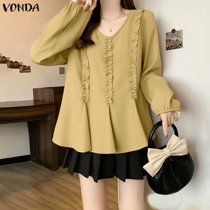 

VONDA Fashion Tops Women Long Sleeve V-Neck Ruffled Blouse Autumn Spring Casual Loose Solid Elegant Office Lady Shirt Streetwear