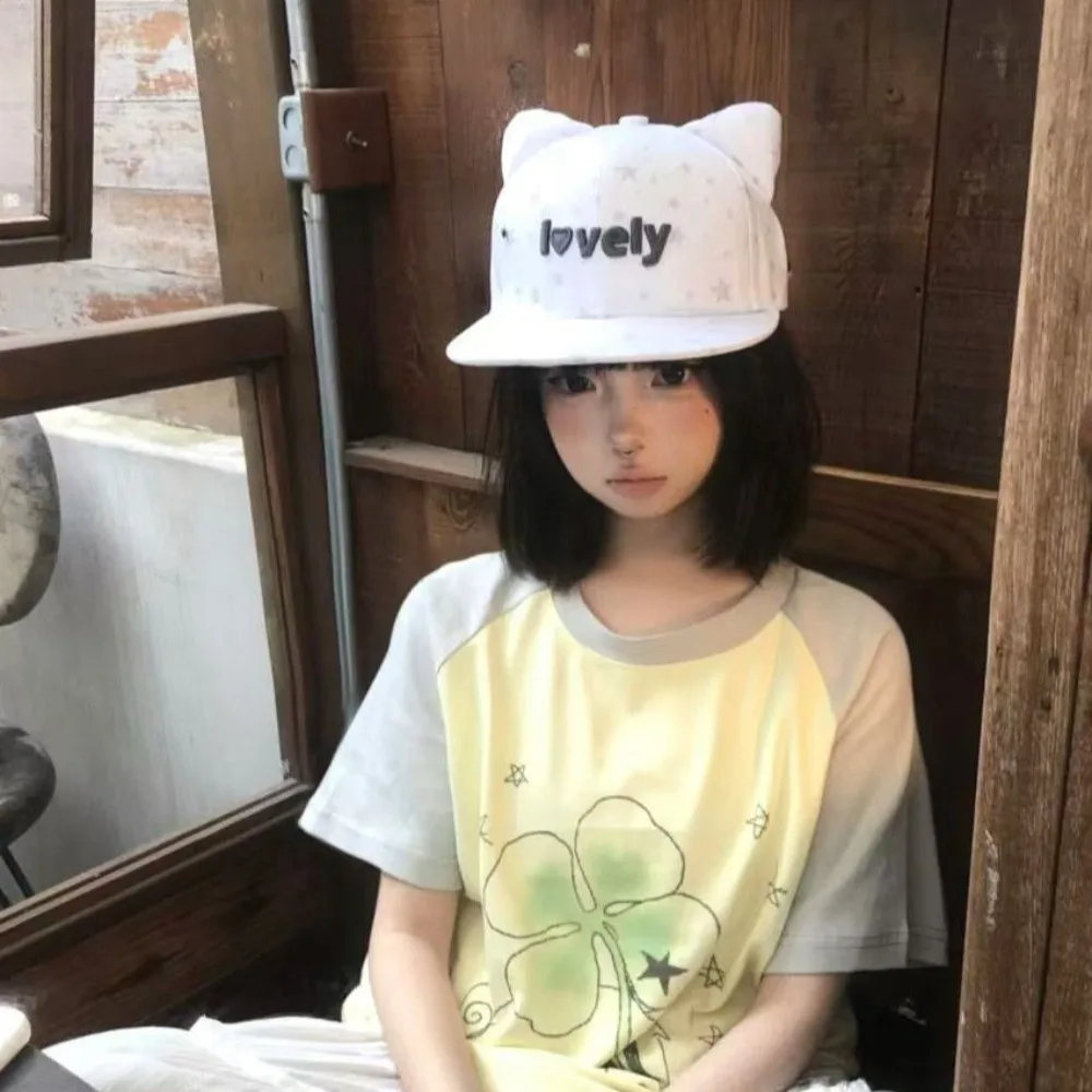 

Модная бейсболка Kawaii с кошачьими ушками, регулируемая бейсбольная кепка с девчачьим звездным узором Y2K, милая фуражка в стиле аниме, уличная повседневная кепка