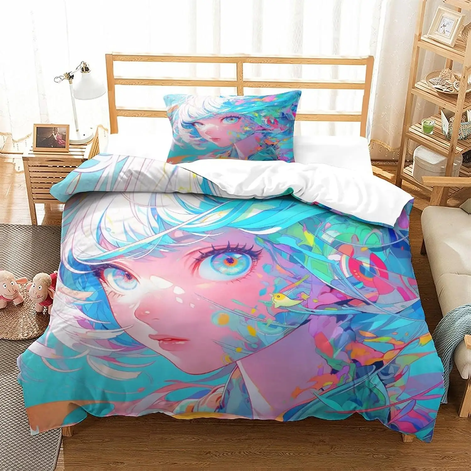 Anime Girl Duvet Cover Set Blue Hair Pink Eyes Bedding Set 3D Printed Quilt Cover 3-Piece Zipper Aesthetic Room Decor King
