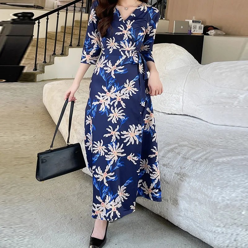 FANIECES Exclusive 35 Choice Print Wrap Long Dresses Wholesales Summer Fall Half Sleeve V Neck Belted-up Women Party Maxi Dress