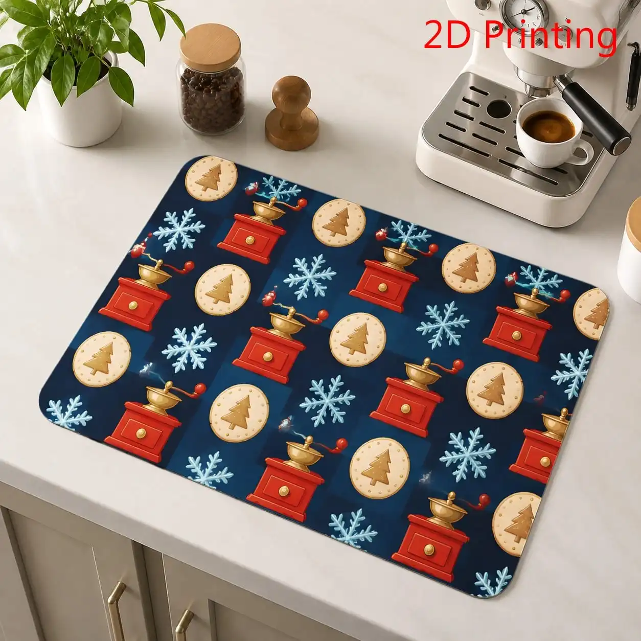 Kitchen Drainage Mat Christmas Reindeer Tree Cushion Super Absorbent Winter Snowflake Gift Box Countertop Placement Rug