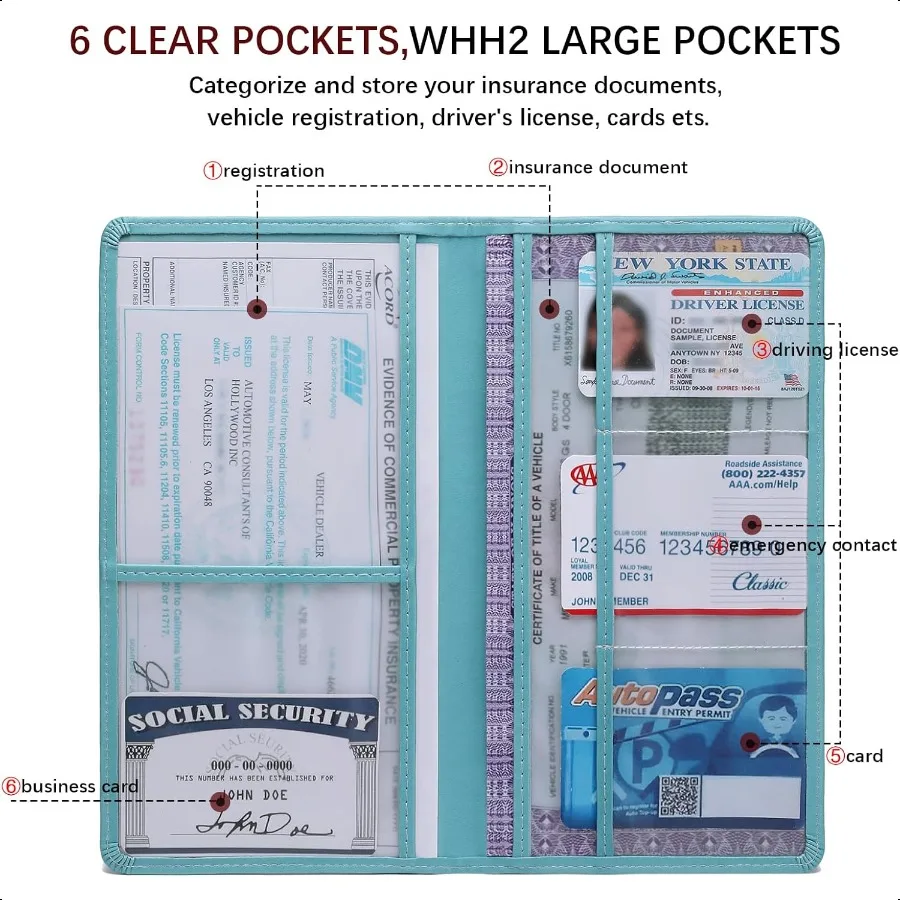 女性男性用車登録証・保険証ホルダー ブルー グローブボックス書類オーガナイザー マグネットバックル付きで簡単アクセス