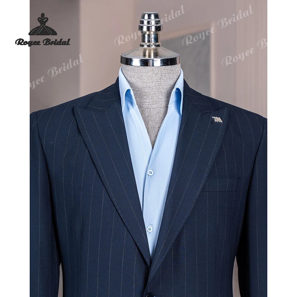 Abito da uomo in due pezzi con risvolto a punta a righe blu navy Matrimonio 2026 Abito da ballo da sera monopetto personalizzato trajes para hombre