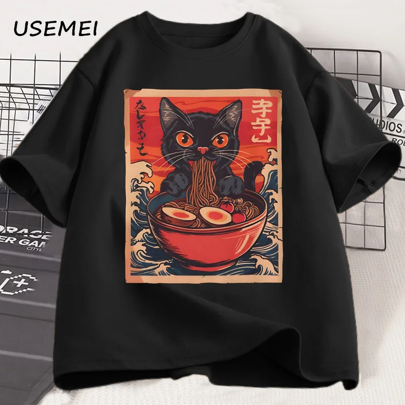 

Cute Cat Ramen T-Shirt Vintage Perfect for Cat Lovers T Shirt Black Noodle Cat Tshirt Breathable Loose Clothes Street Tees