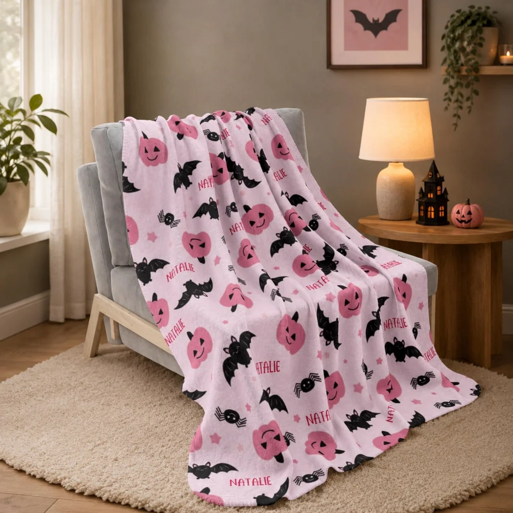 Pink Custom Name Fleece Throw Blanket Halloween Pumpkin Bat Spider Warm Holiday Gift