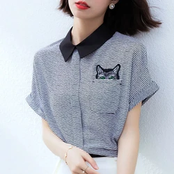 Summer Women's Clothing Striped Zipper Pullover Short Sleeve Turn-down Collar Pockets Casual T-shirt Fashion Contrast Color Tops