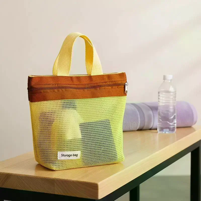 Summer Color-Blocked Mesh Makeup Bag - Soft Color Makeup Bag With Drain Holes - Large Shower Organizer - Travel Essentials