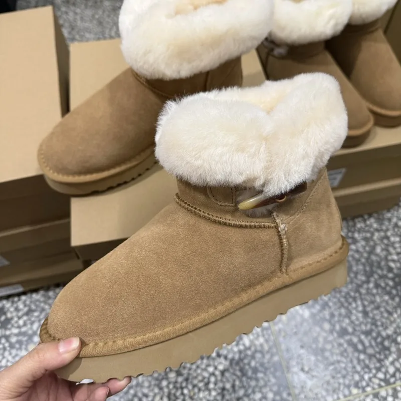 Winter new fur integrated snow boots for women with cow horn buckle thick sole and increased warmth cotton shoes