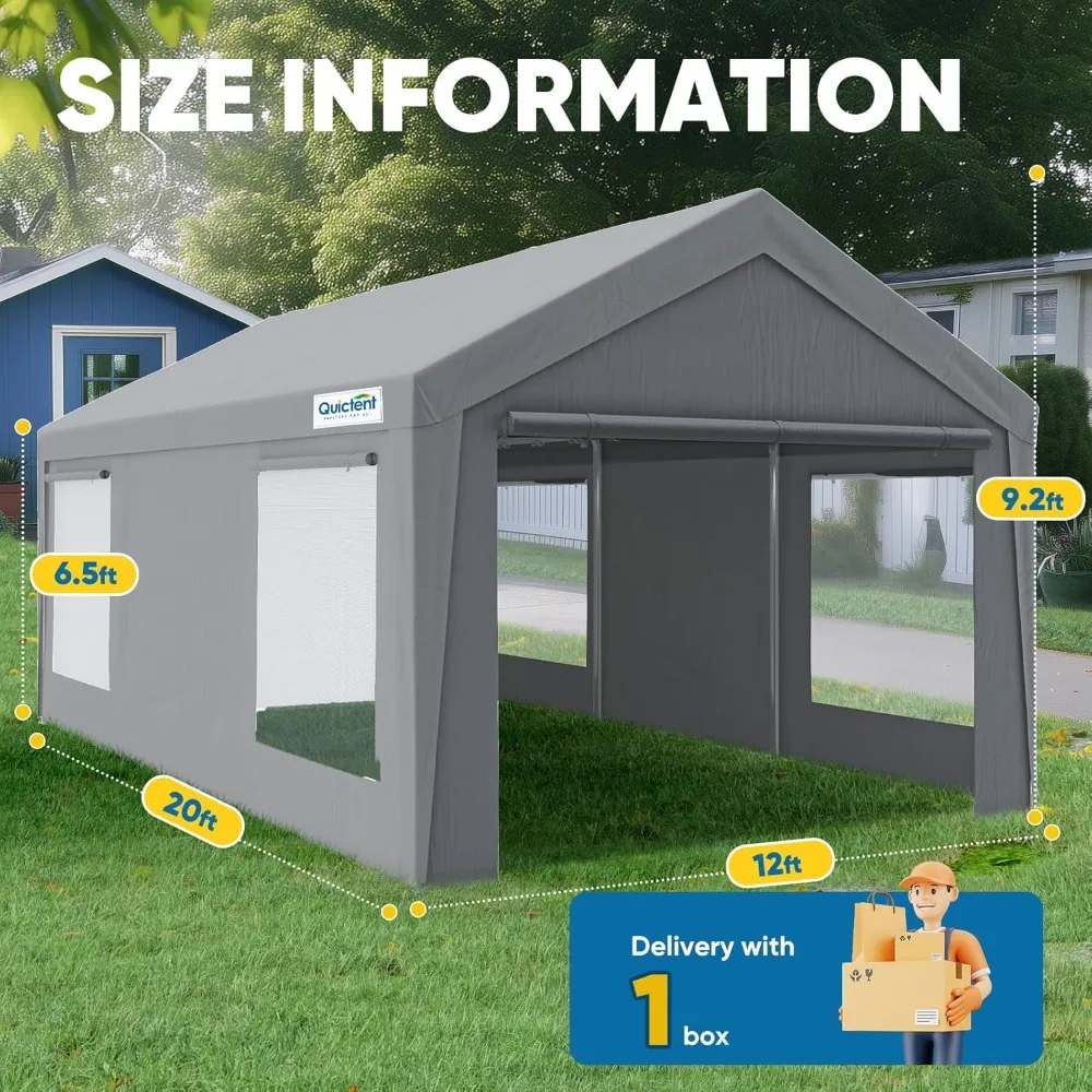 

12x20 Ft Heavy-duty Carport, Galvanized Steel Structure, with Roll-up Ventilation Windows on The Side Walls
