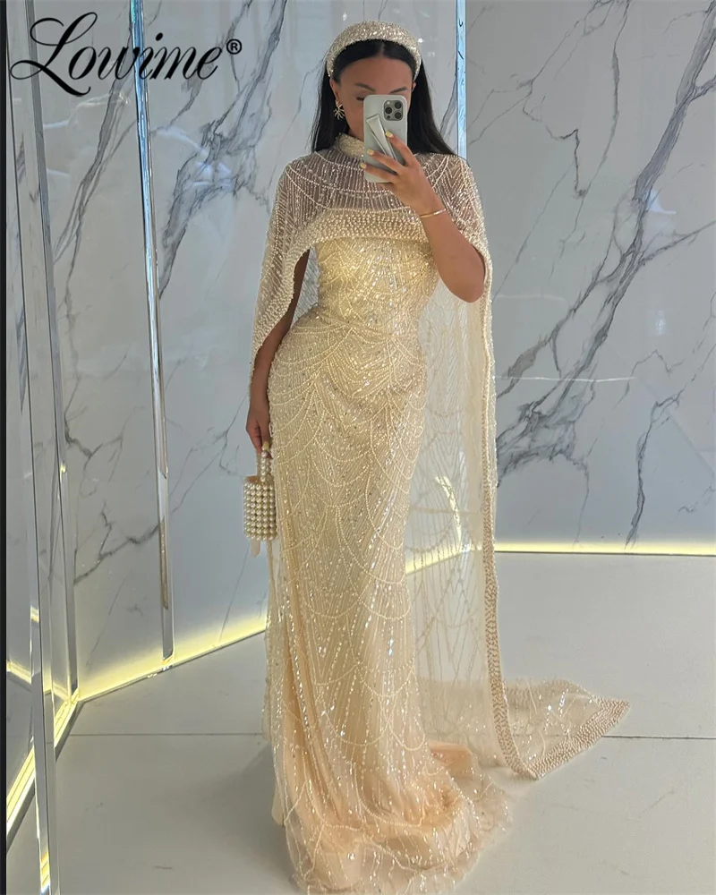 Lowime Haute Couture Muslim Evening Dress Formal Champagne Arabic Party Dress Wedding Cape Sleeve Mermaid Prom Celebrity Dresses