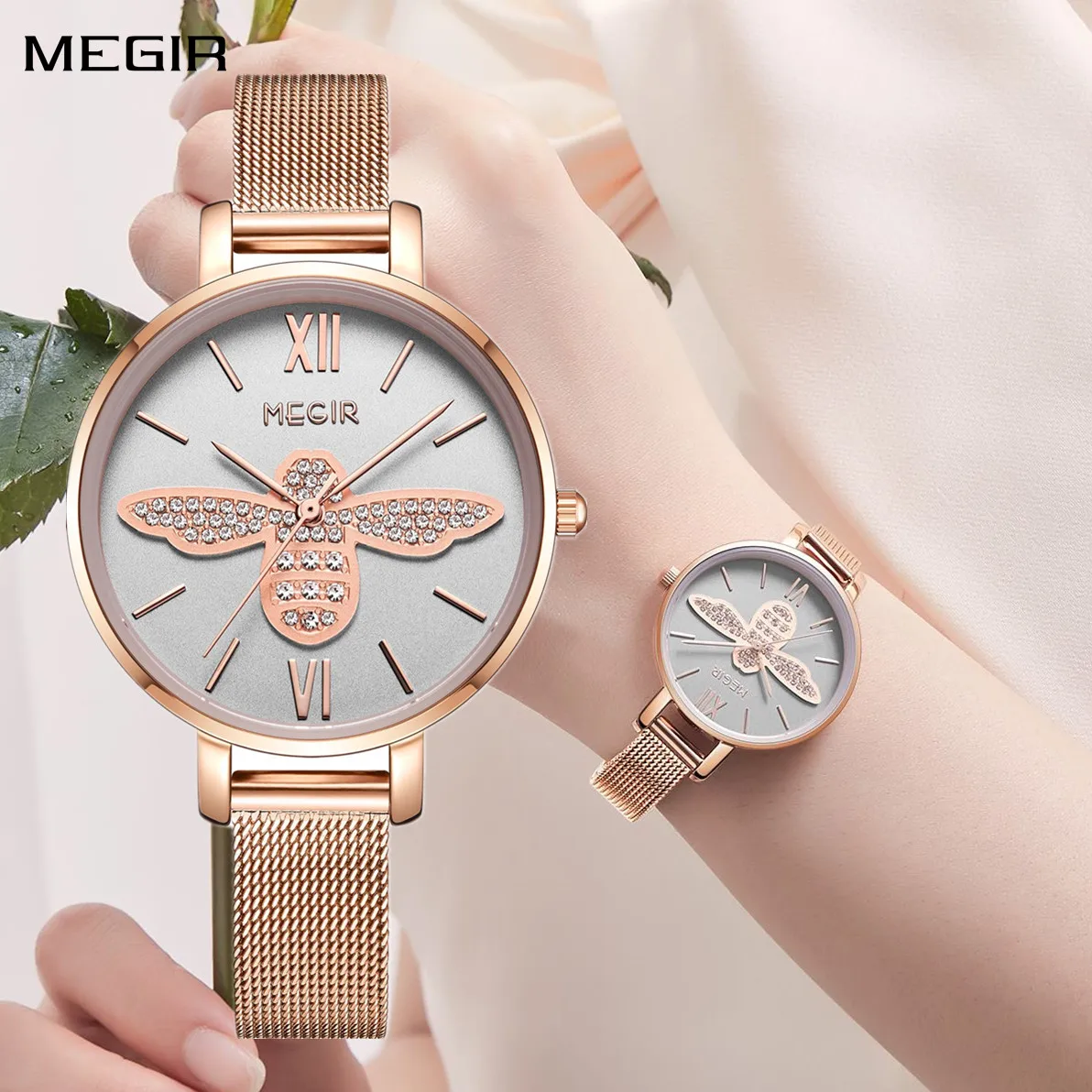 

MEGIR Fashion Women Ladies Bracelet Quartz Female Watches Rose Steel Mesh Women Dress Diamond Wristwatch Clock Montre Femme