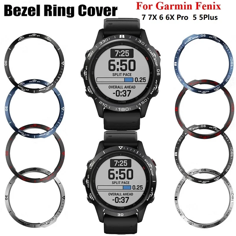 Anillo de cubierta para reloj Garmin fenix 7 7X 5 6 6XPro, anillo de bisel de zafiro, unidades de tiempo esculpidas de acero inoxidable, adhesivo