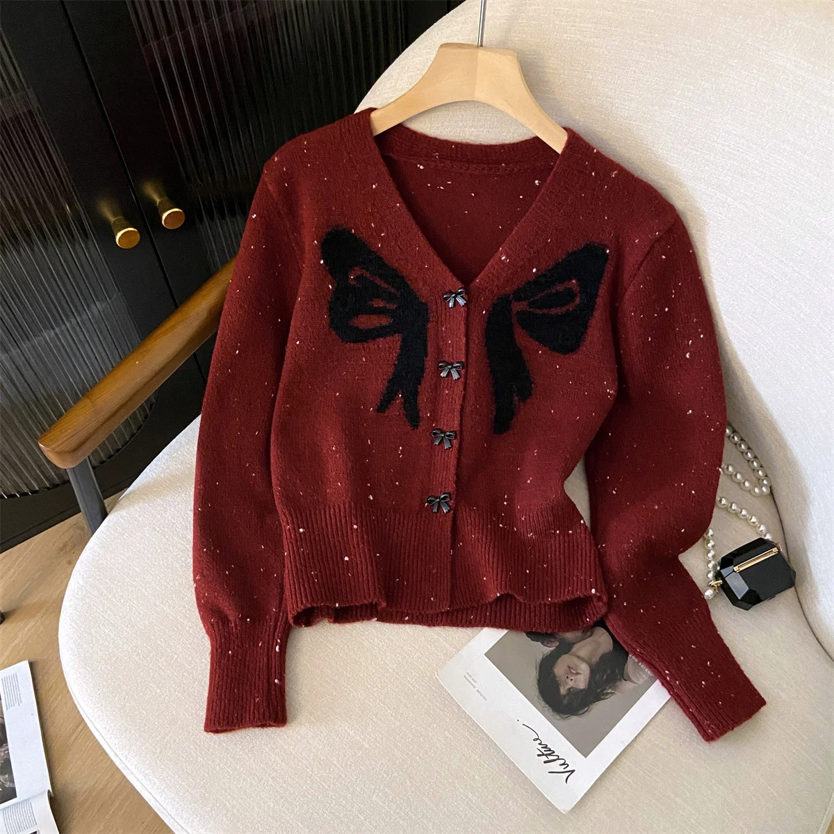 Women's V-neck Long-sleeved Casual Sweater with Bow, Y2K Fashion, High Street Style, Retro Top Sweater for Office Wear