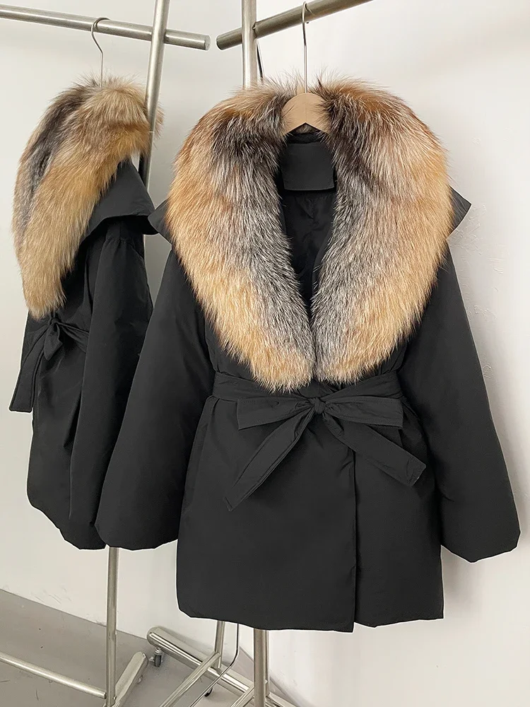 New Winter Women Thickened Warm Real Fur White Duck Down Coat Parke Outerwear Natural Fox Fur Collar Fluffy Puffer Jacket