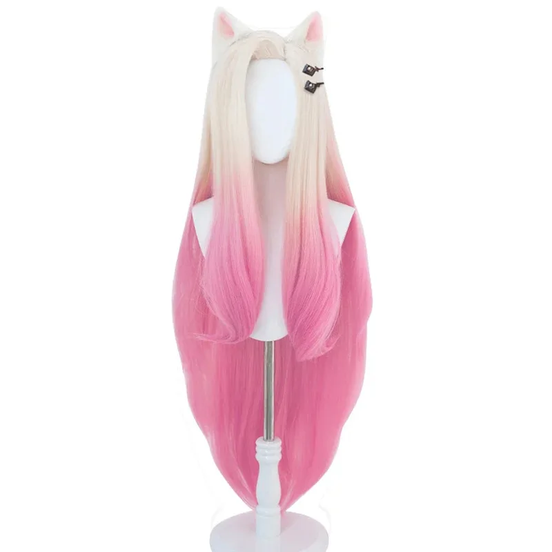 

KDA Baddest Ahri Wig Ears Game LoL Adult Women Roleplay Fantasia Gradient Pink Long Hair Fantasy Costume Accessories