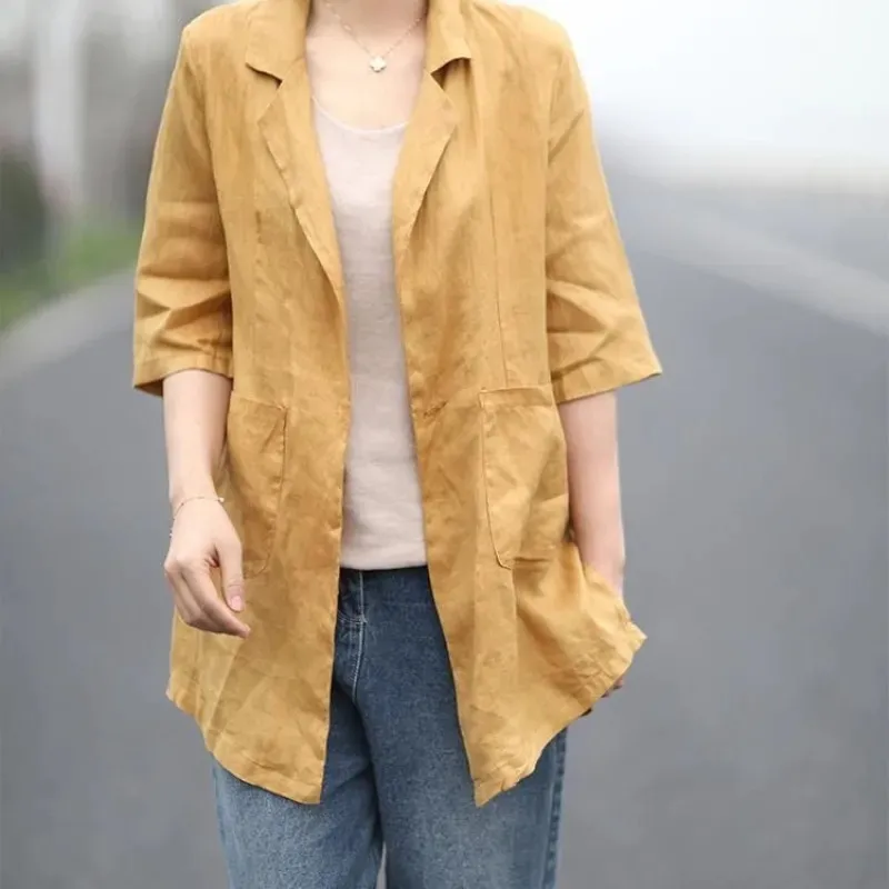 Retro Button Cotton Linen Suit Jacket Female 2024 New Women\'s Spring summer Autumn Casual Coat Tops Thin Fashion Suit Coat