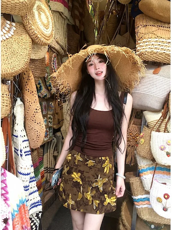 

American Sle Spicy Girl Tight Square Collar Strap Vest Retro Print Skirt Two Piece Set Women Summer Clete Set