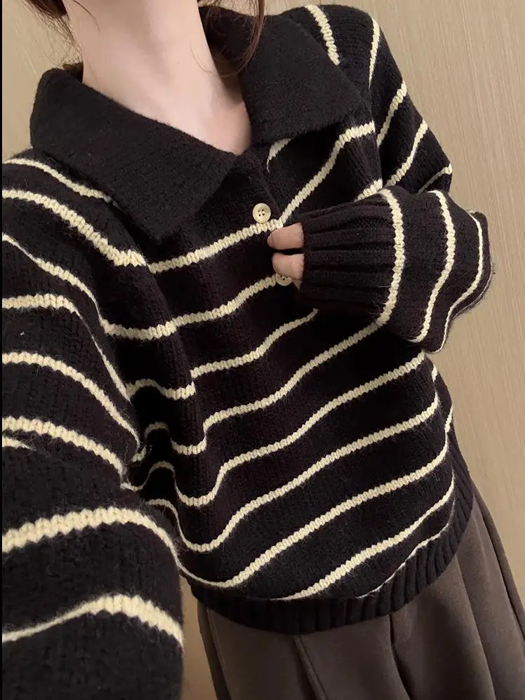 Ele vintage ne listrado camisola feminina solta ajuste outono novo sle emagrecimento topo quali malha longa sve camisola