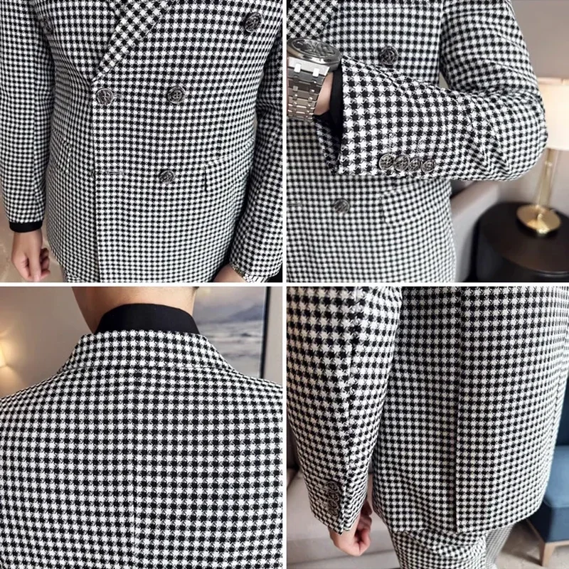 British Style Double Breasted Houndstooth Mens Suits 2 Pieces Wedding Tuxedos Vintage Fit Formal Groom Wear Tweed Jacket+Pants