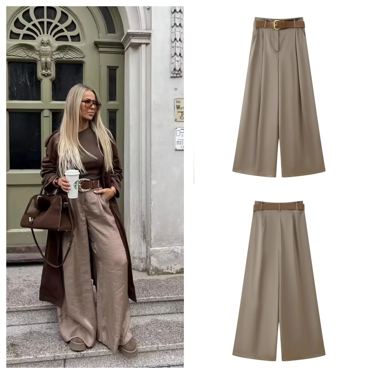 

European and American style 2025 new silk satin texture belted high-waisted casual wide-leg pants, fashionable and versatile flo