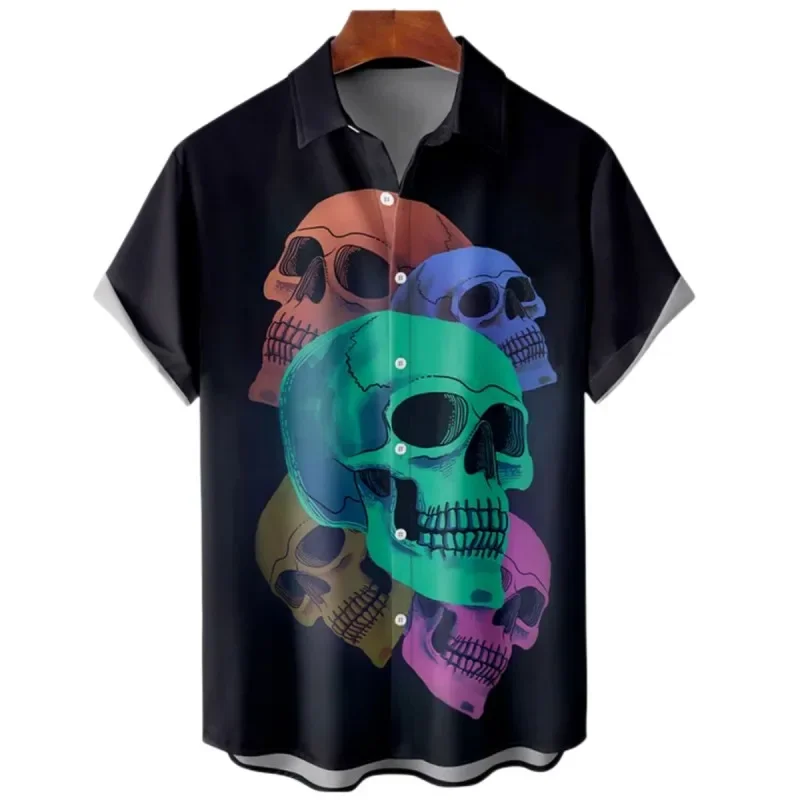 Men's Halloween Skull Print Shirt, Urban Trend Harajuku Lapel Top Hip-hop Punk Style Plus Size Shirt Casual Sleeve Shorts