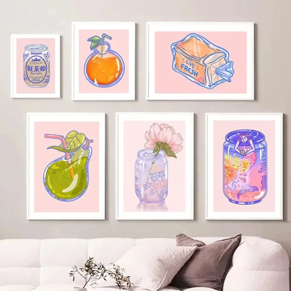 Cartoon Bubble Tea Soda Drinks Fruit Juice Wall Art Canvas Painting Nordic Posters Aesthetic Kitchen Room Decor