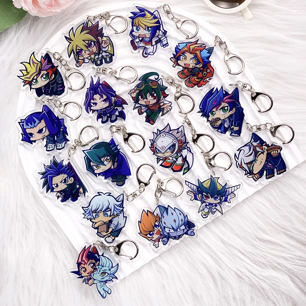 1/16 Piezas Anime Yu-Gi-Oh! Llavero de acrílico para coche, accesorios de dibujos animados para bolsos, colgante divertido y lindo para mochila, soporte para llaves, regalos para amigos