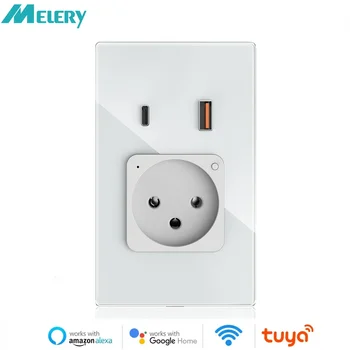 Melery 와이파이 스마트 이스라엘 벽 소켓, USB 플러그 콘센트, C타입 PD 20W 고속 충전 유리 패널, 알렉사 구글 홈 리모컨 