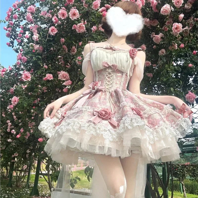 Pink jacquard day wind sweet sister pommel train birthday dress