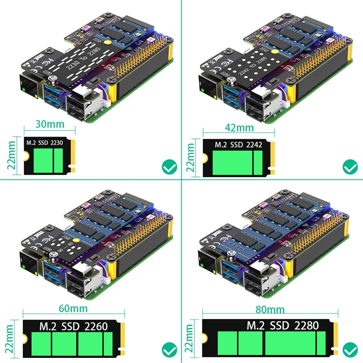 Adaptador NVMe SSD a PCIe, 3 en 1, M.2, ventiladores duales y LED de decoloración automática para Raspberry Pi
