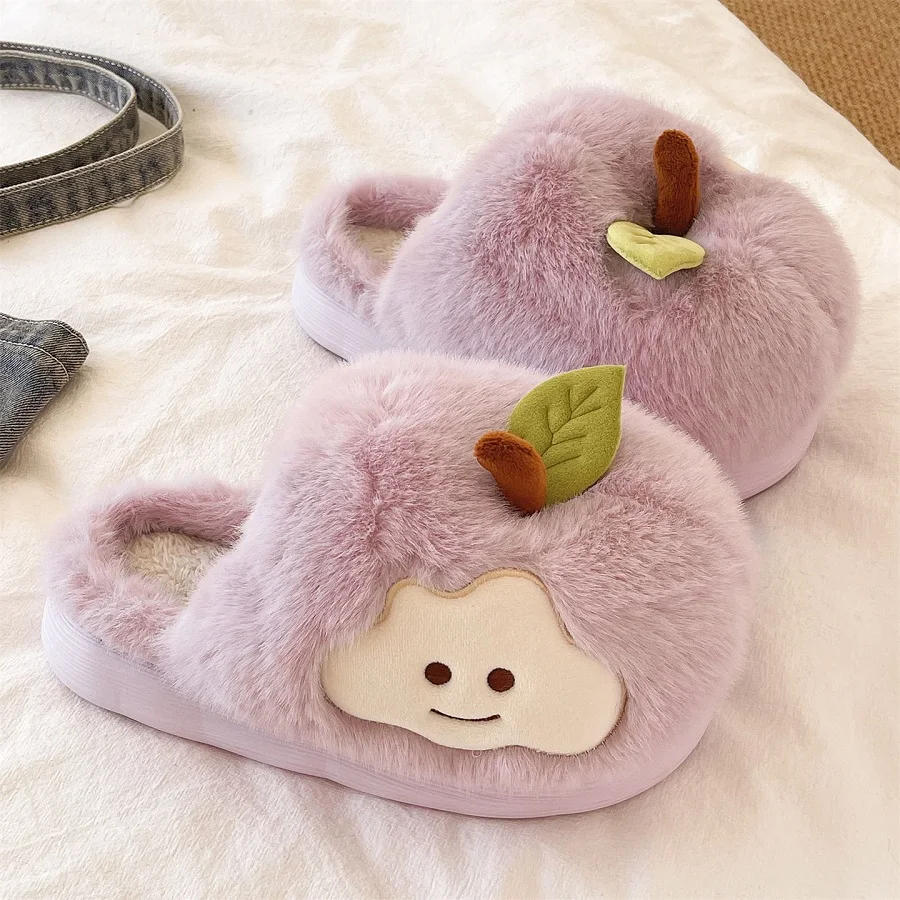 

New kawaii fluffy apple slippers purple womens thermal furry slides shoes for home room slipper fruit inspired flip flop shoes