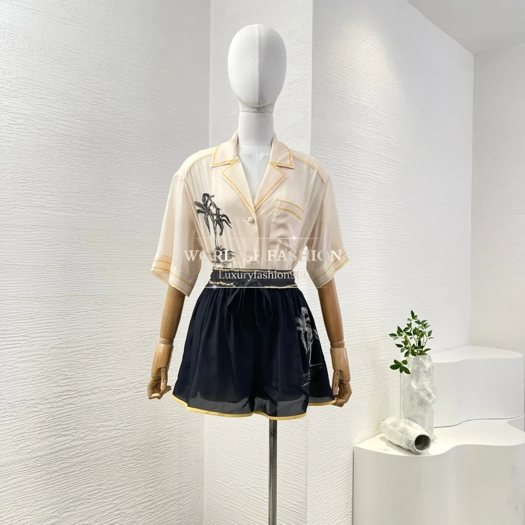 

Women White Beige Flowers Print Short Sleeve Blouse Top 2025 Cotton and Shorts Set