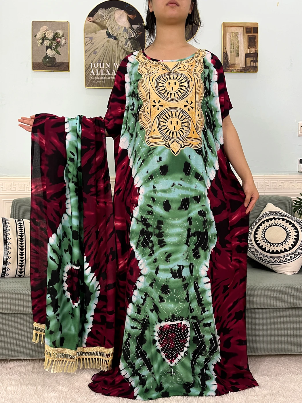 Muslim Abayas For Women Cotton Diamonds Printed Loose Caftan Marocain Femme Musulmane African Islam Dresses With 160x80cm Scarf