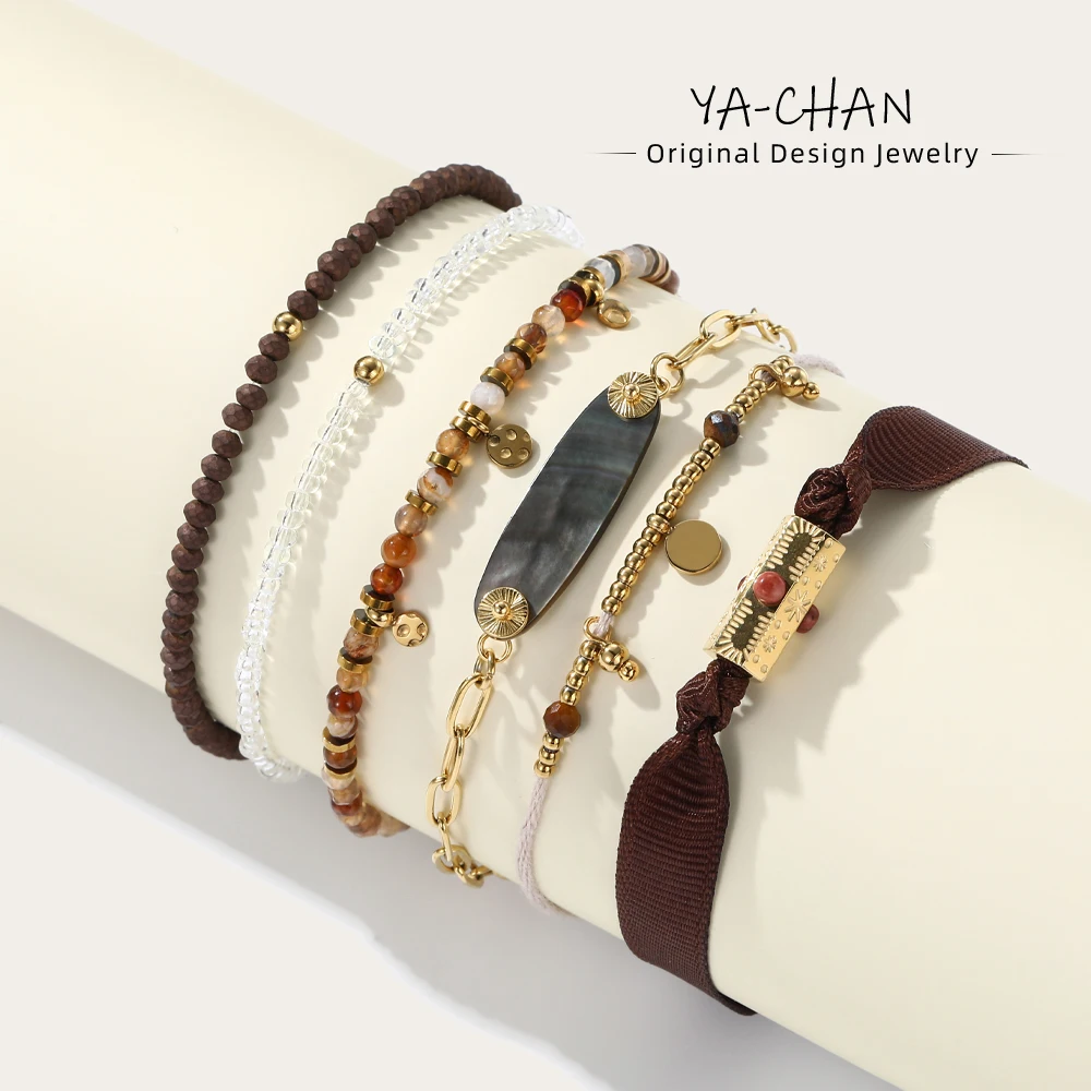 YACHAN Vintage Stainless Steel Charm Bracelets Women Brown Beads Bangle Luxury Natural Stone Aesthetic Jewelry